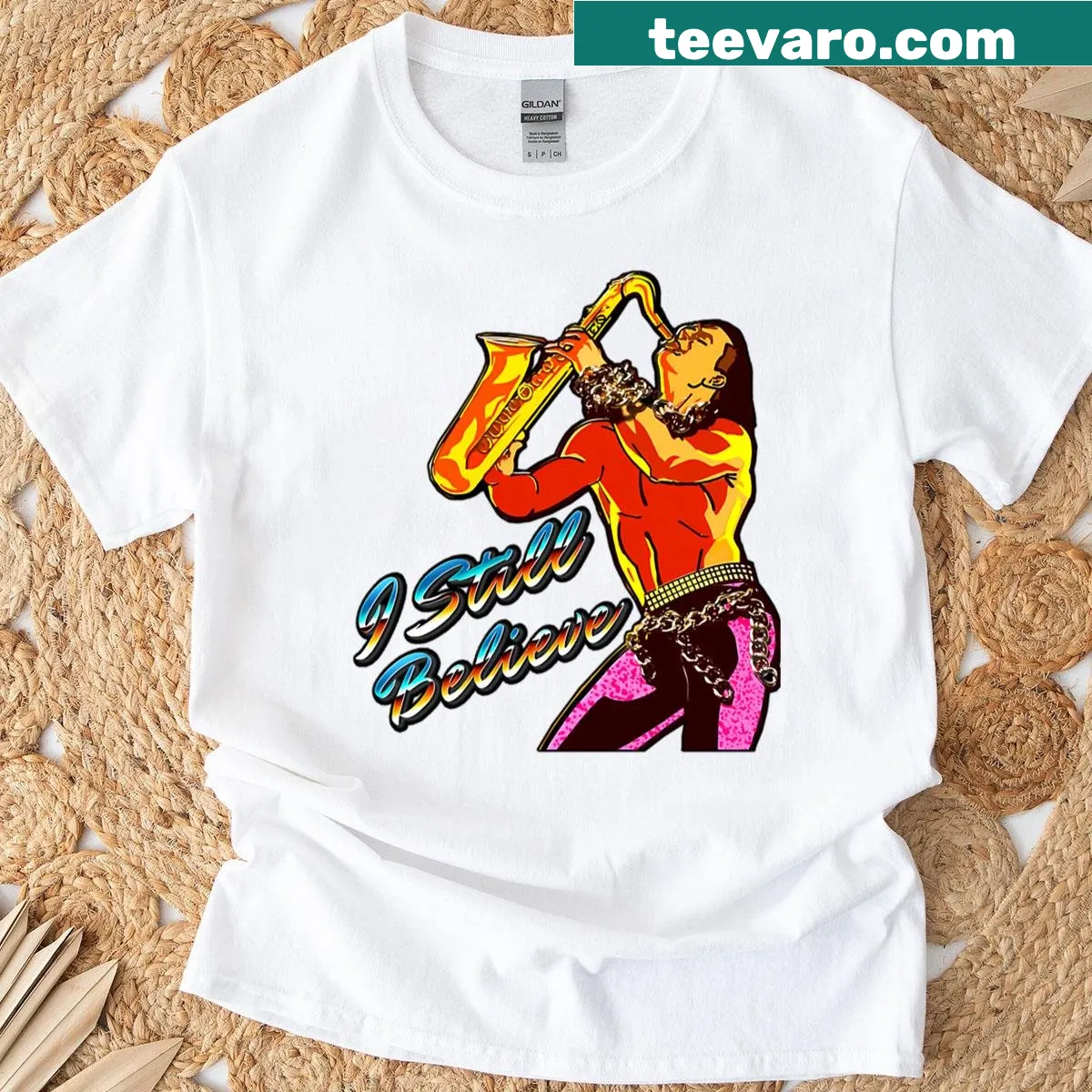 T-shirt featuring a saxophone graphic celebrating 80s music — on a men's t-shirt