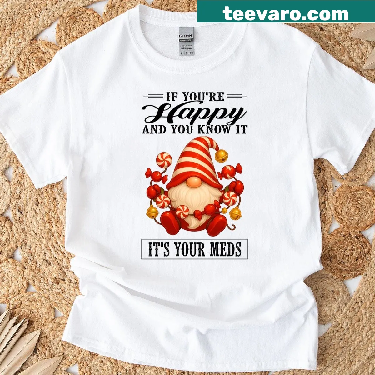 Funny T-shirt featuring humorous text about happiness and meds — on a men's t-shirt