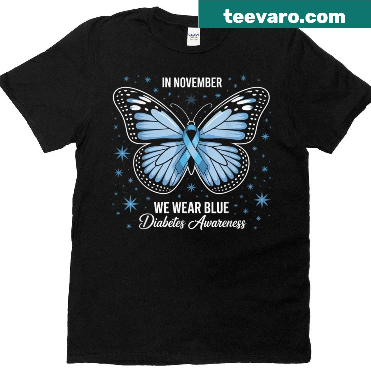 Butterfly and blue ribbon illustration for diabetes awareness — on a men's t-shirt