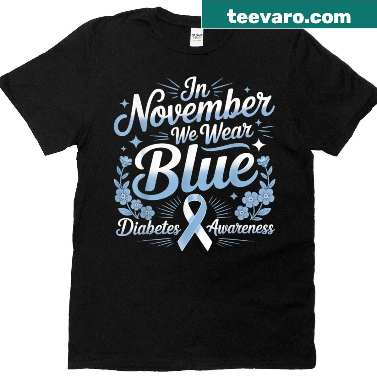 Blue ribbon diabetes awareness T-shirt with motivational message — on a men's t-shirt