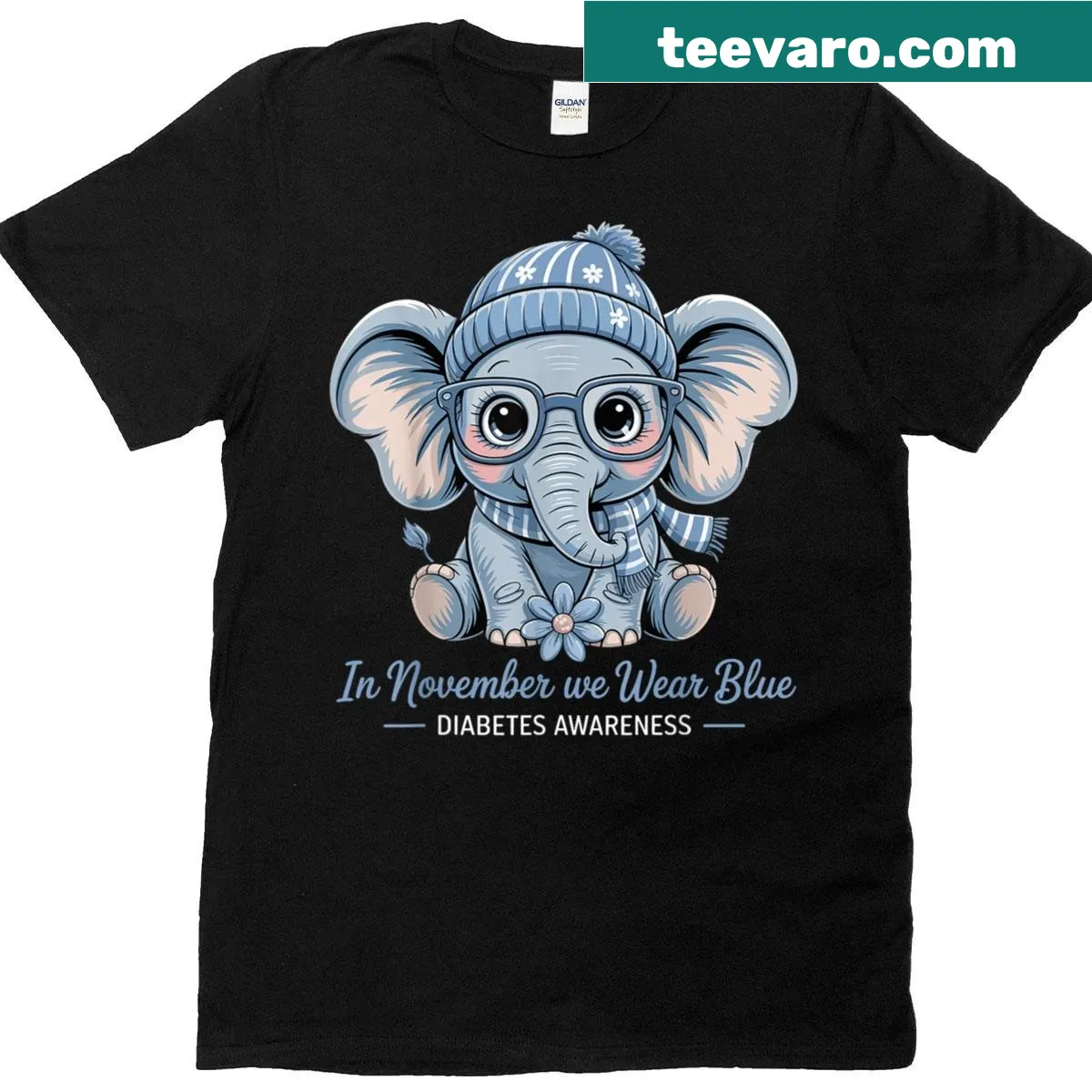Diabetes awareness T-shirt with blue elephant graphic — on a men's t-shirt
