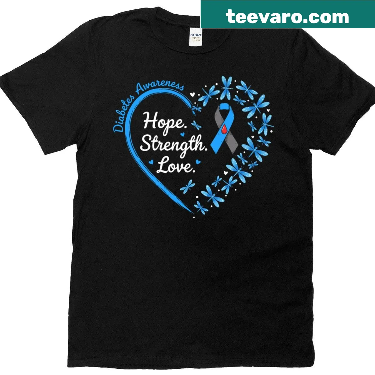 Diabetes awareness t-shirt with gray and blue heart design — on a men's t-shirt