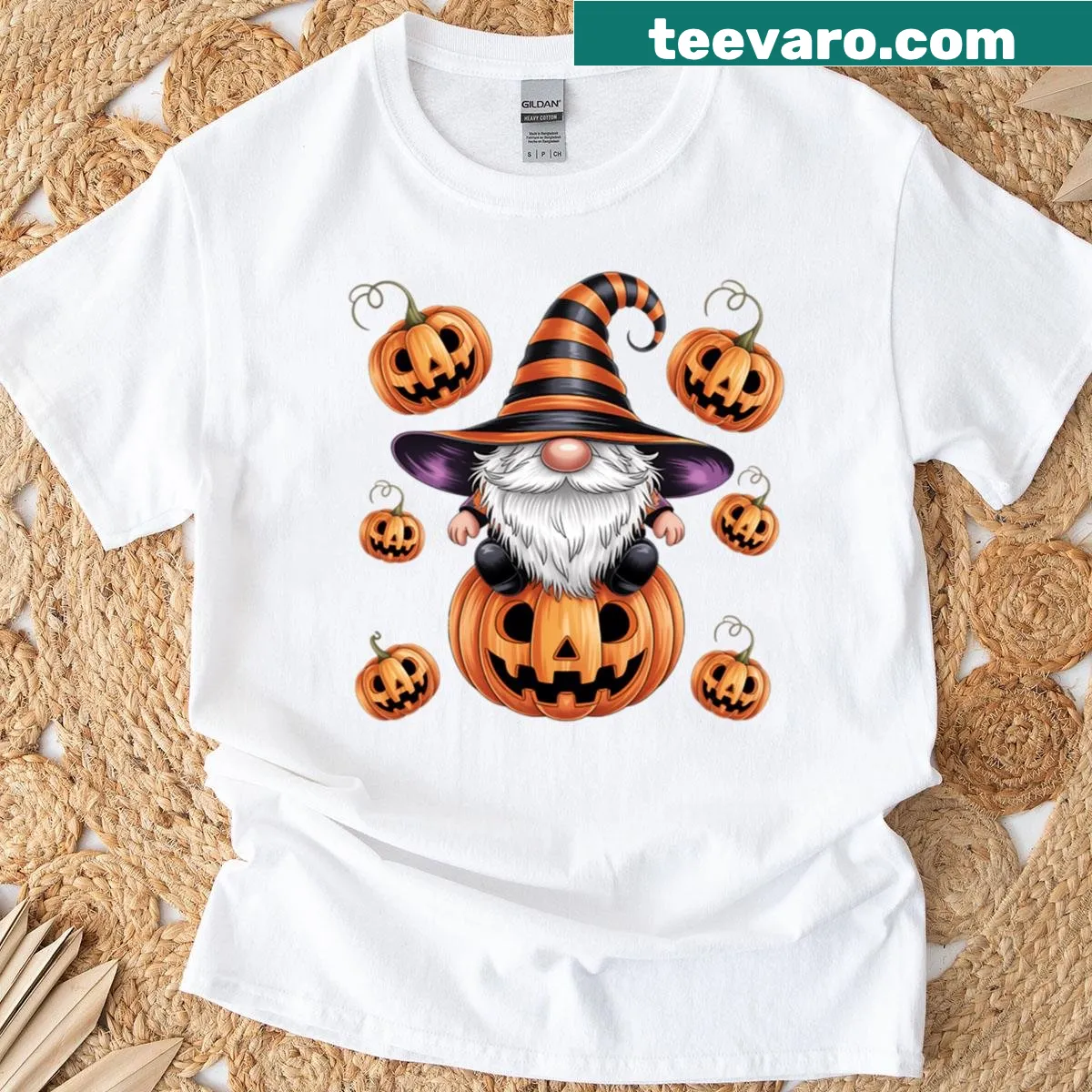 Cute Halloween T-shirt with a pumpkin gnome and witch — on a men's t-shirt