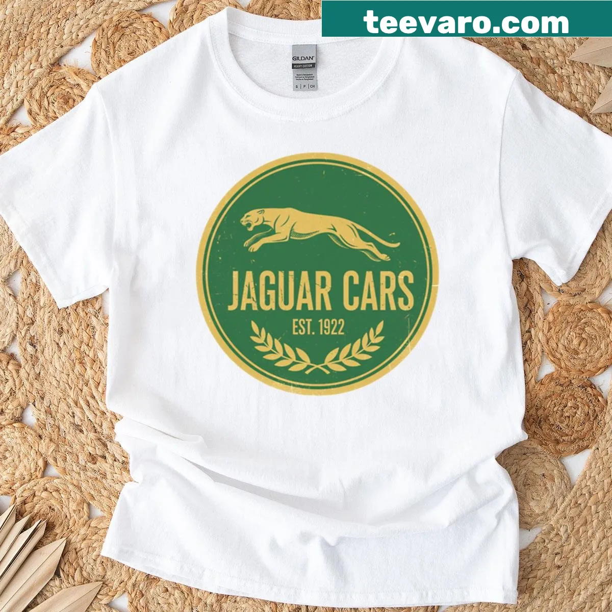 Vintage Jaguar logo design celebrating classic automotive heritage — on a men's t-shirt