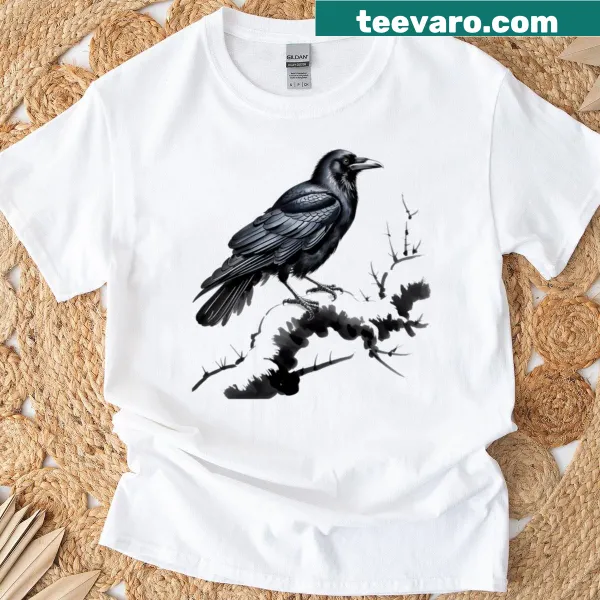 T-shirt with a crow and raven design inspired by Japanese woodblock art