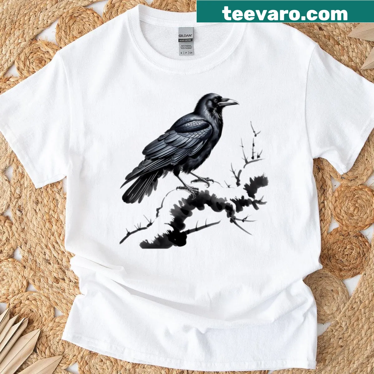 T-shirt with a crow and raven design inspired by Japanese woodblock art — on a men's t-shirt