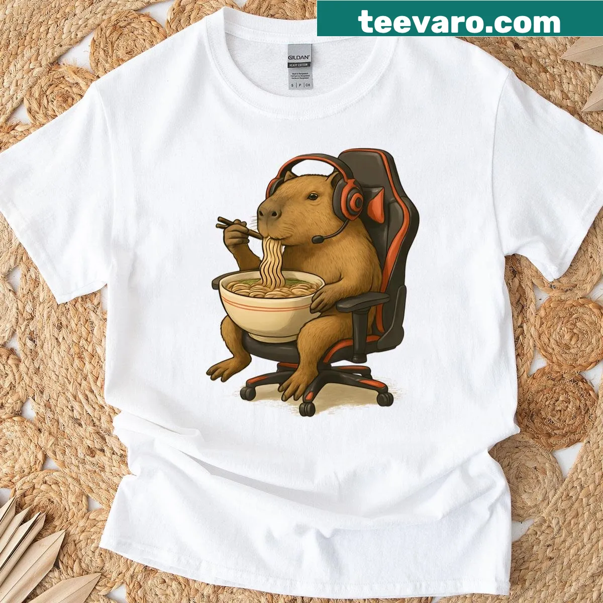 Cute capybara and gaming-themed graphic t-shirt — on a men's t-shirt