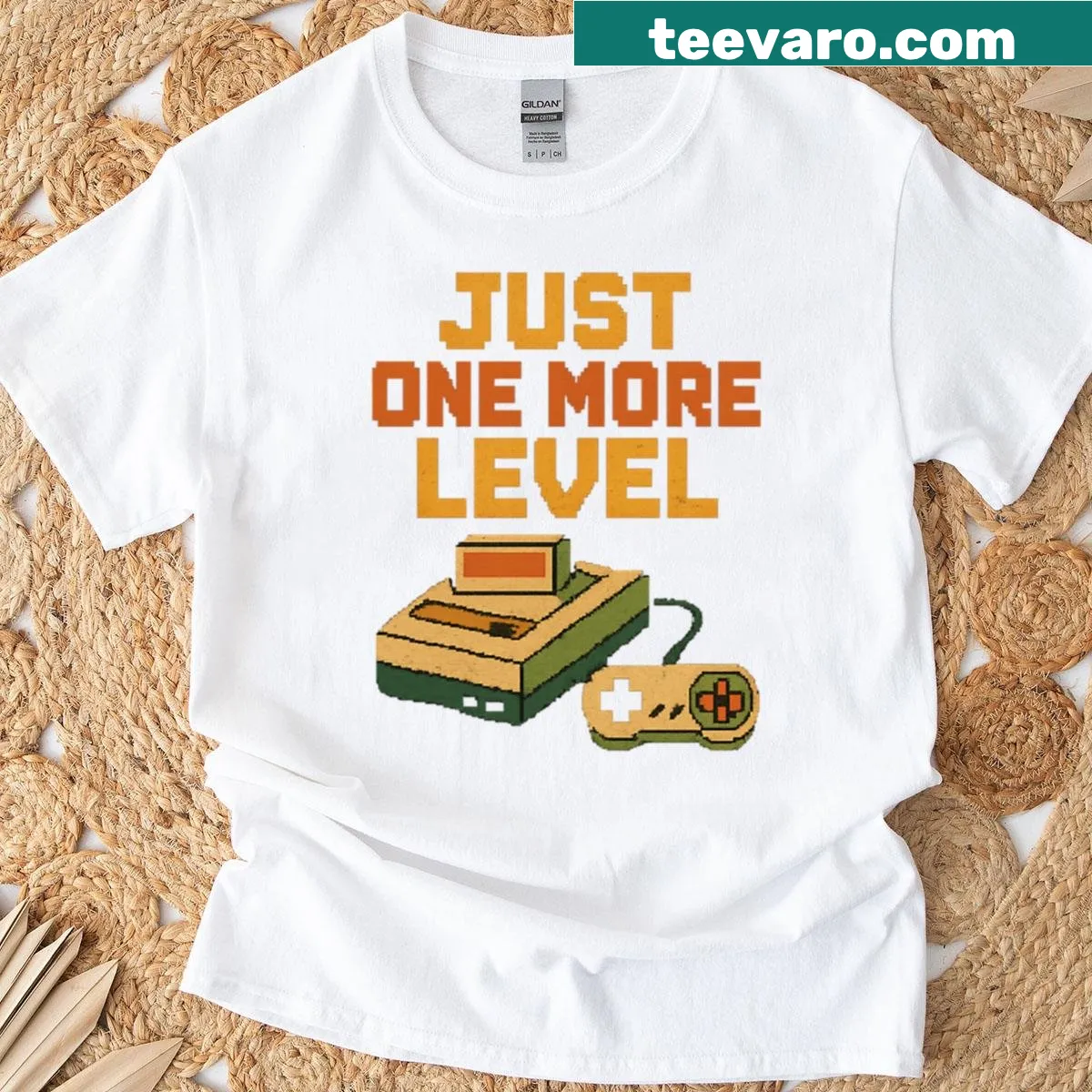 Retro gamer t-shirt with pixel art and the phrase "Just One More Level" — on a men's t-shirt