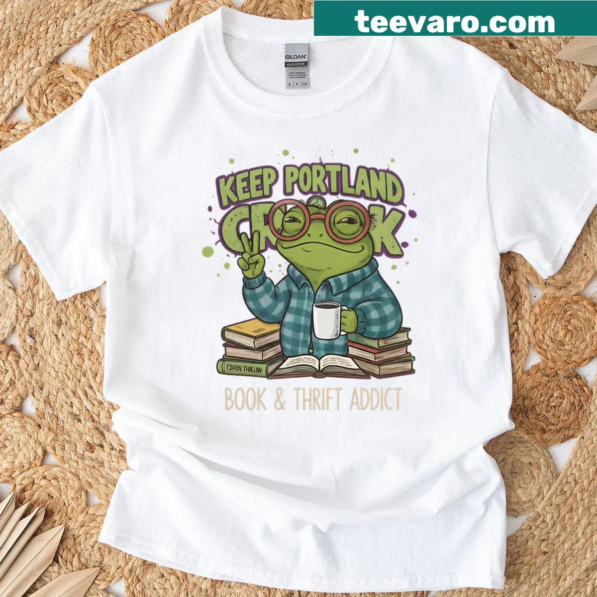 Frog-themed t-shirt with a playful reading slogan for hipsters. — on a men's t-shirt