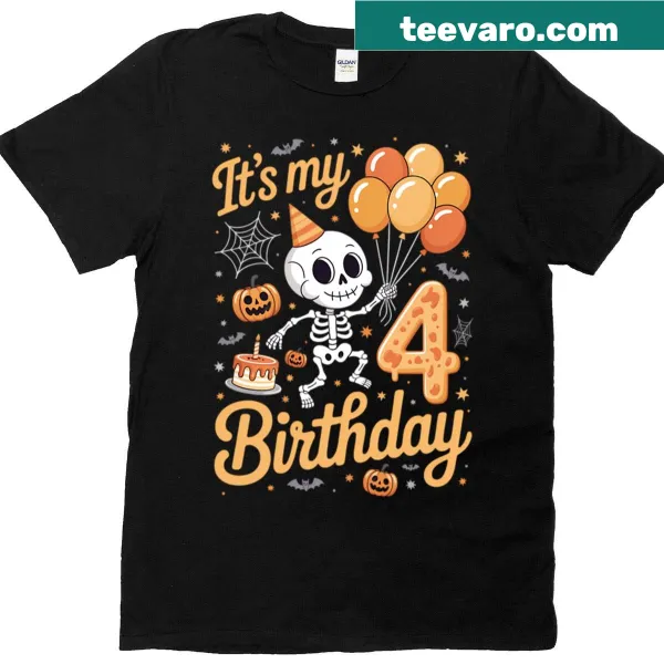 Cute Halloween birthday t-shirt for kids with skeleton design
