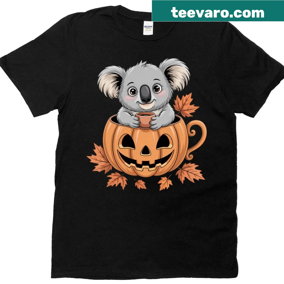 Cute koala enjoying pumpkin spice latte on a fall-themed T-shirt. — on a men's t-shirt
