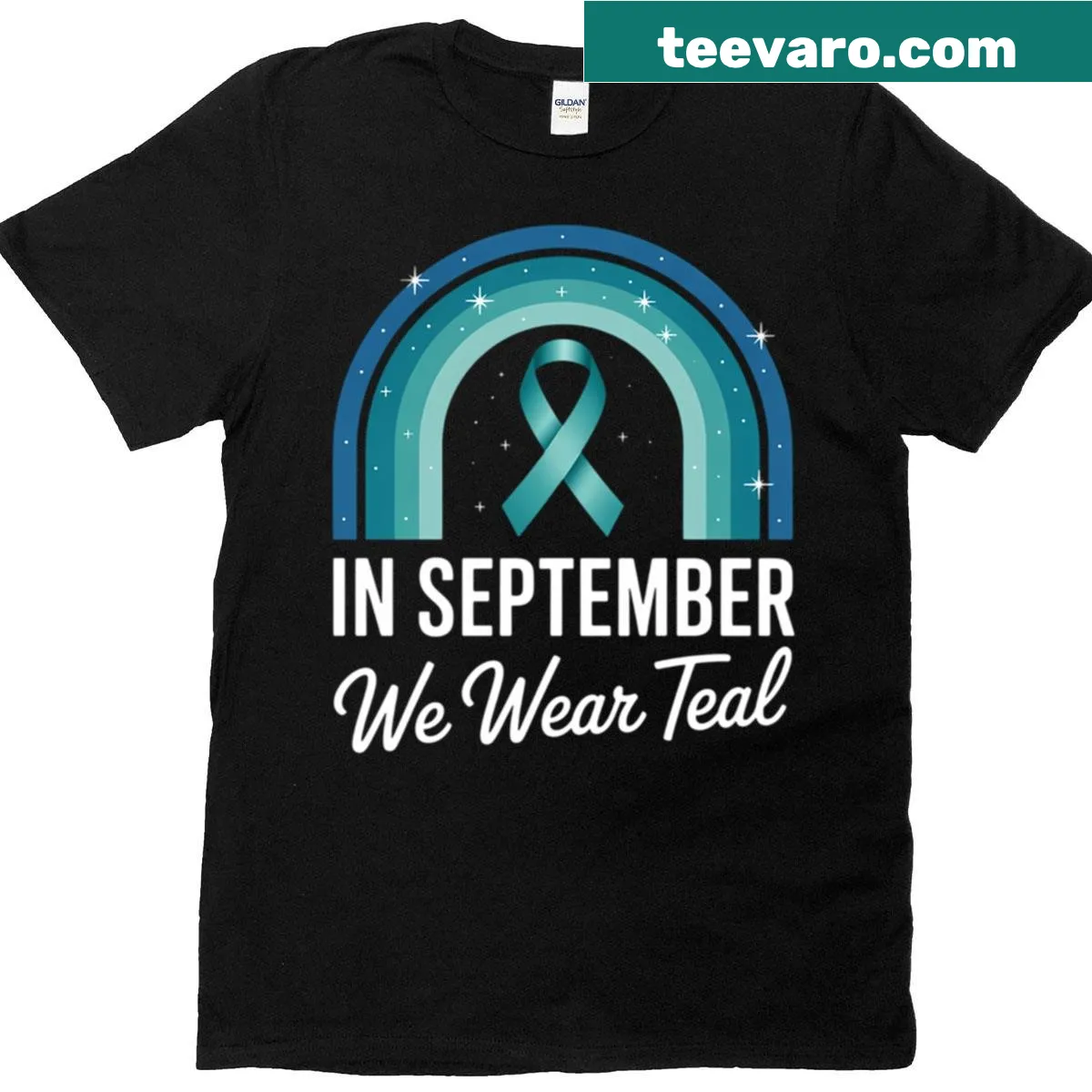 Rainbow ovarian cancer awareness t-shirt — on a men's t-shirt