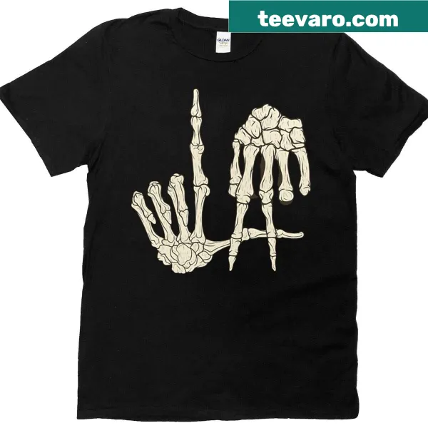 Skeleton hand sign Halloween T-shirt with a fun design.