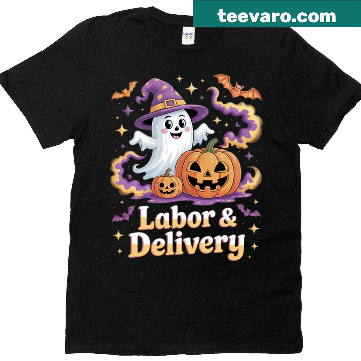 Halloween t-shirt with ghost and pumpkin for labor delivery nurses — on a men's t-shirt