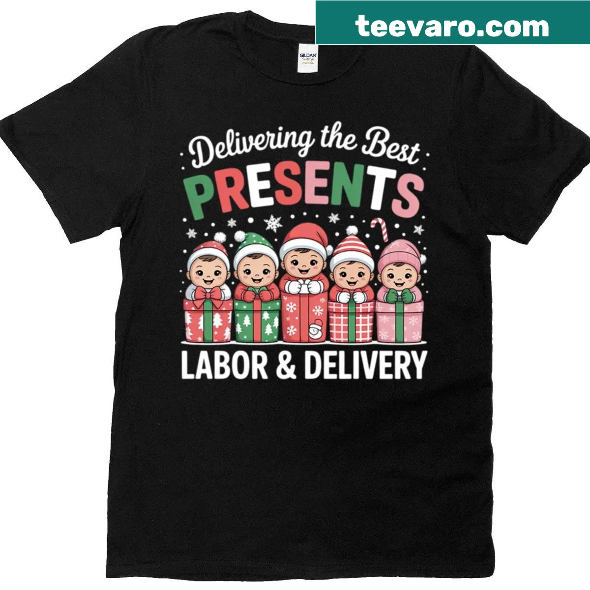 Christmas-themed T-shirt for labor delivery nurses with humor — on a men's t-shirt