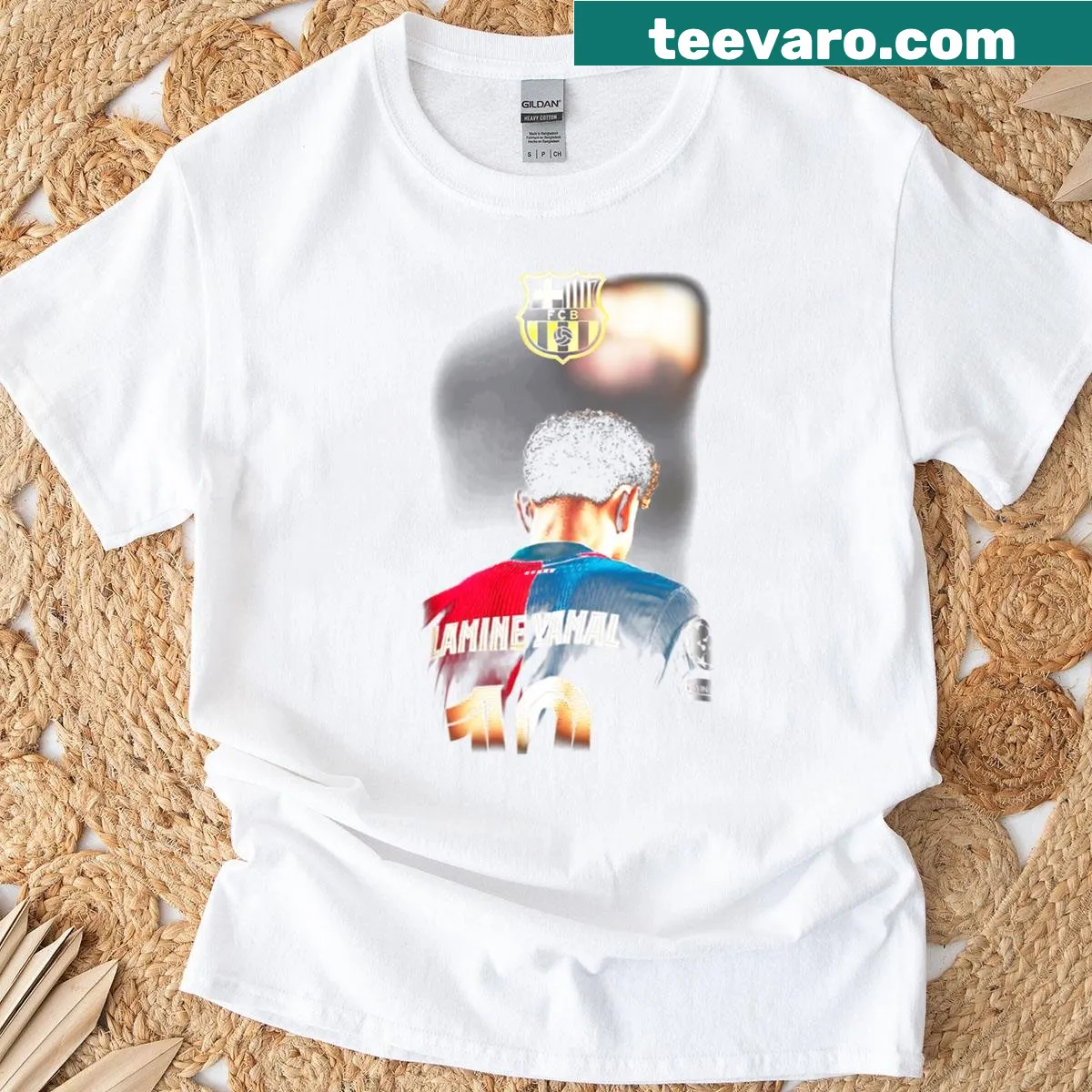 Barcelona T-shirt featuring Lamine Yamal graphics — on a men's t-shirt