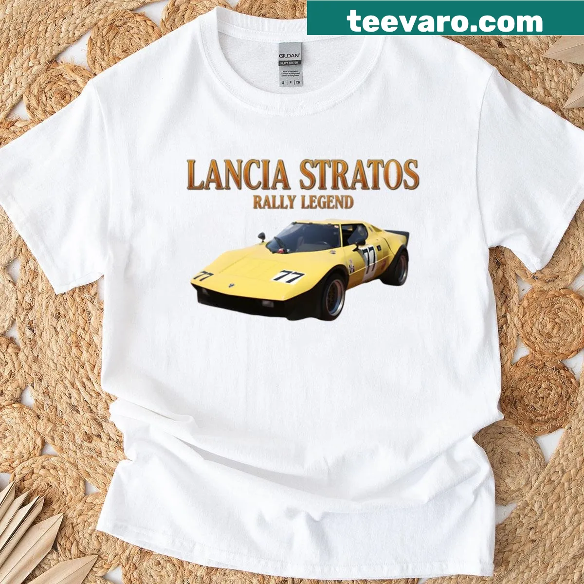 Vintage illustration of Lancia Stratos racing car on a T-shirt. — on a men's t-shirt