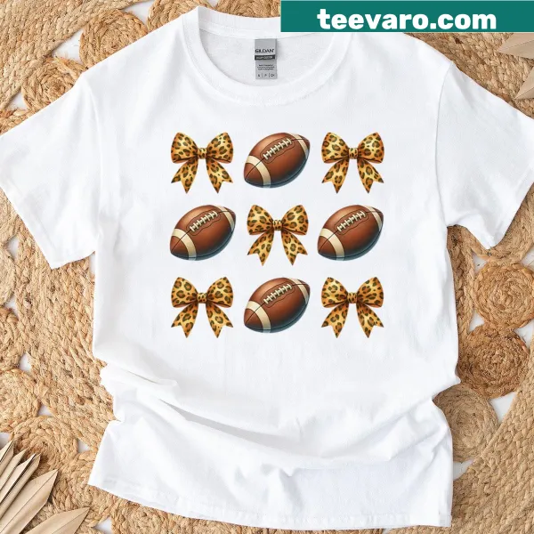 Football-themed T-shirt with leopard print and bow design