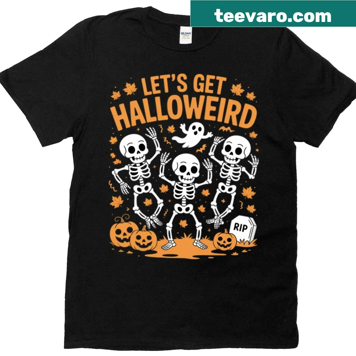 Funny Halloween T-shirt with skeletons and pumpkins design — on a men's t-shirt