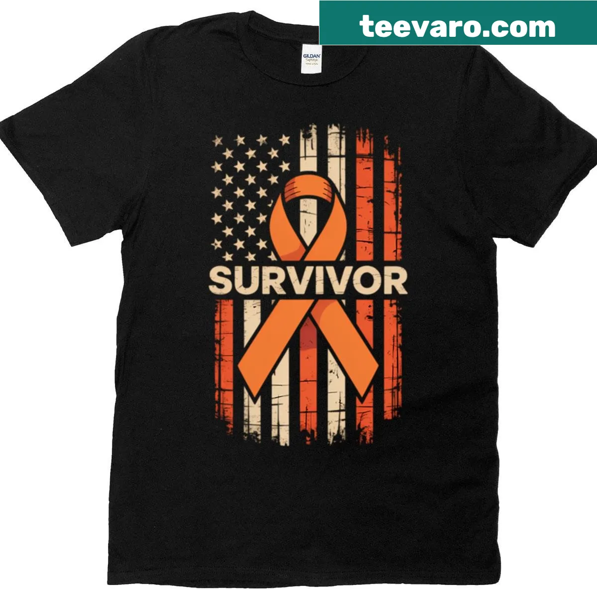 T-shirt with leukemia survivor ribbon graphic — on a men's t-shirt