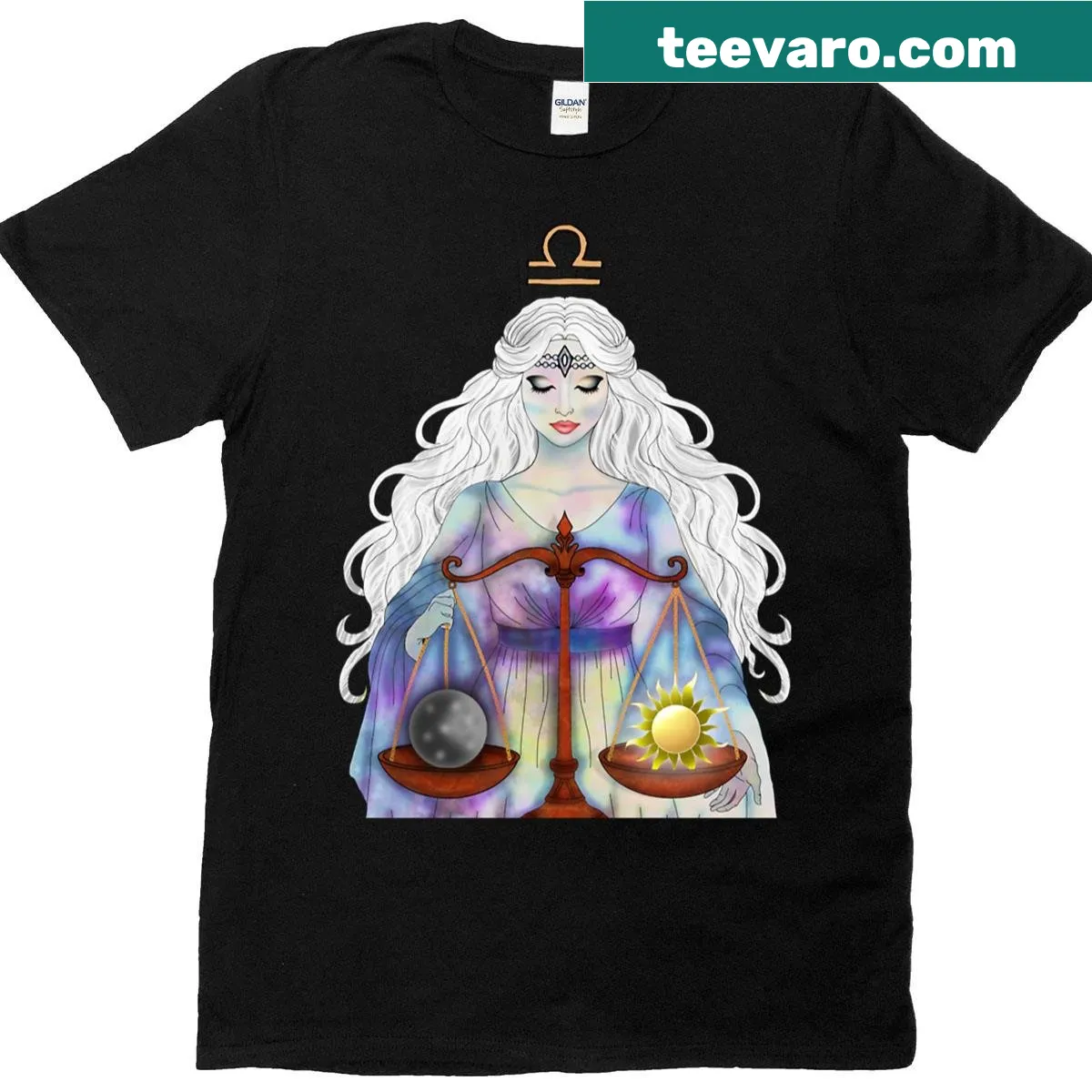Artistic T-shirt featuring Libra zodiac sign with sun and moon design — on a men's t-shirt