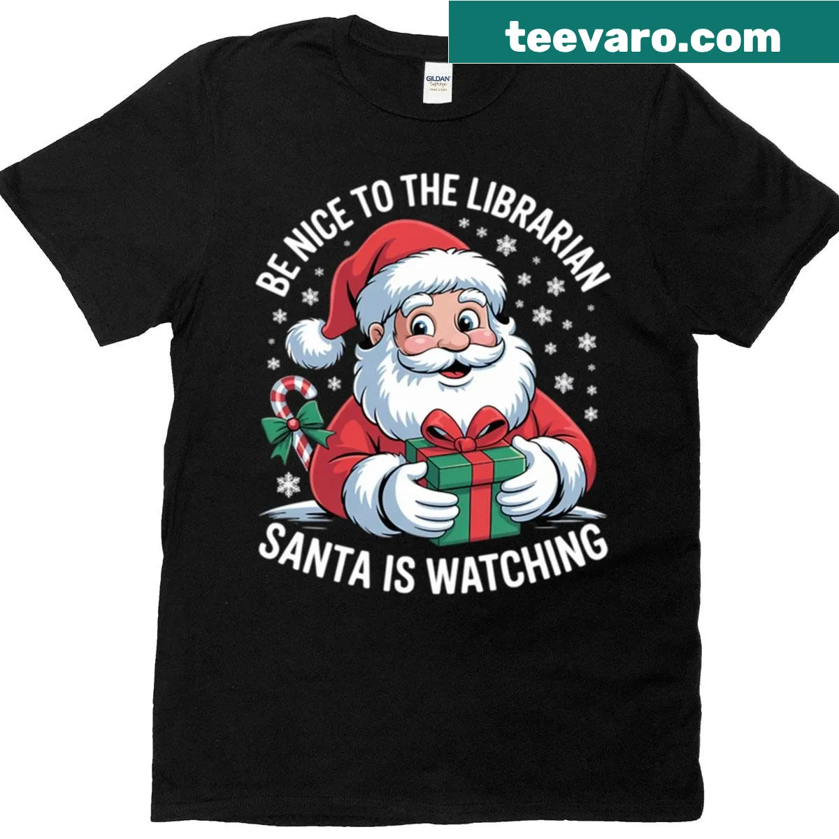 Funny librarian Christmas t-shirt with Santa design — on a men's t-shirt