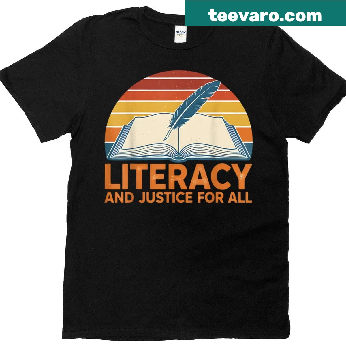 T-shirt with a message about literacy and protecting libraries. — on a men's t-shirt
