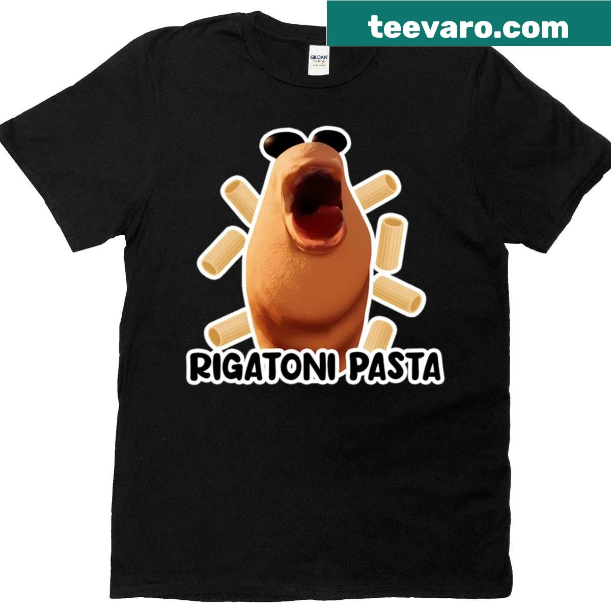Cartoon of a worm enjoying rigatoni pasta on a t-shirt. — on a men's t-shirt