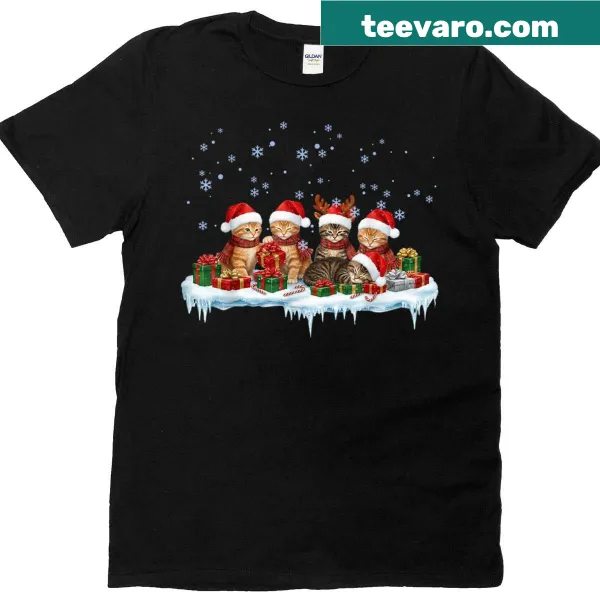 Christmas t-shirt featuring a black cat with Christmas lights illustration