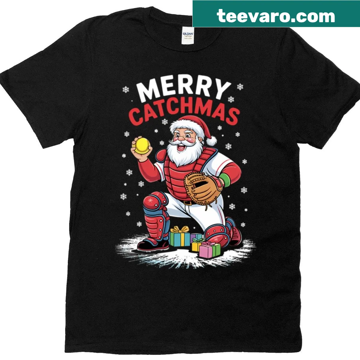 Christmas T-shirt featuring a catcher softball player graphic — on a men's t-shirt