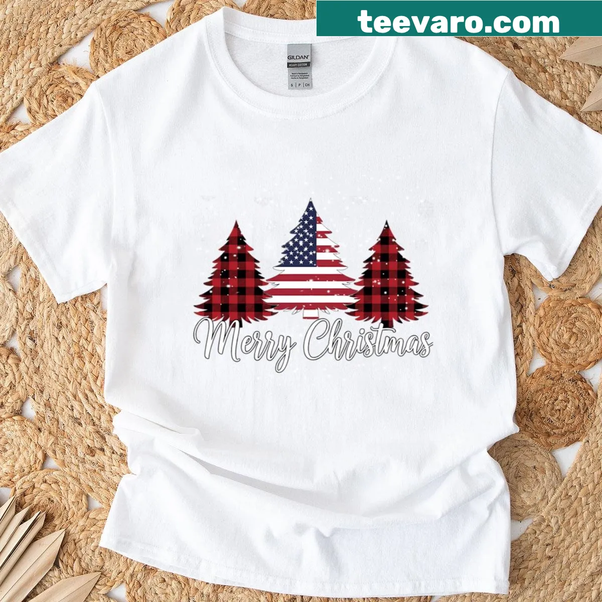 Funny Christmas T-shirt with a tree and American flag design — on a men's t-shirt