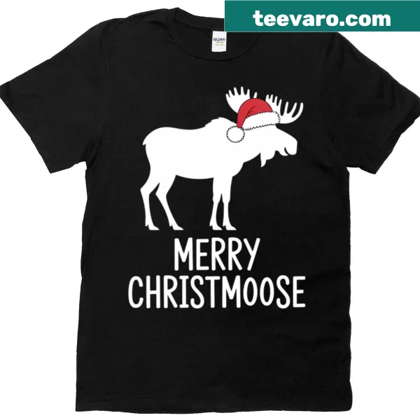 Funny Christmas t-shirt with 'Merry Christmoose' pun and illustration