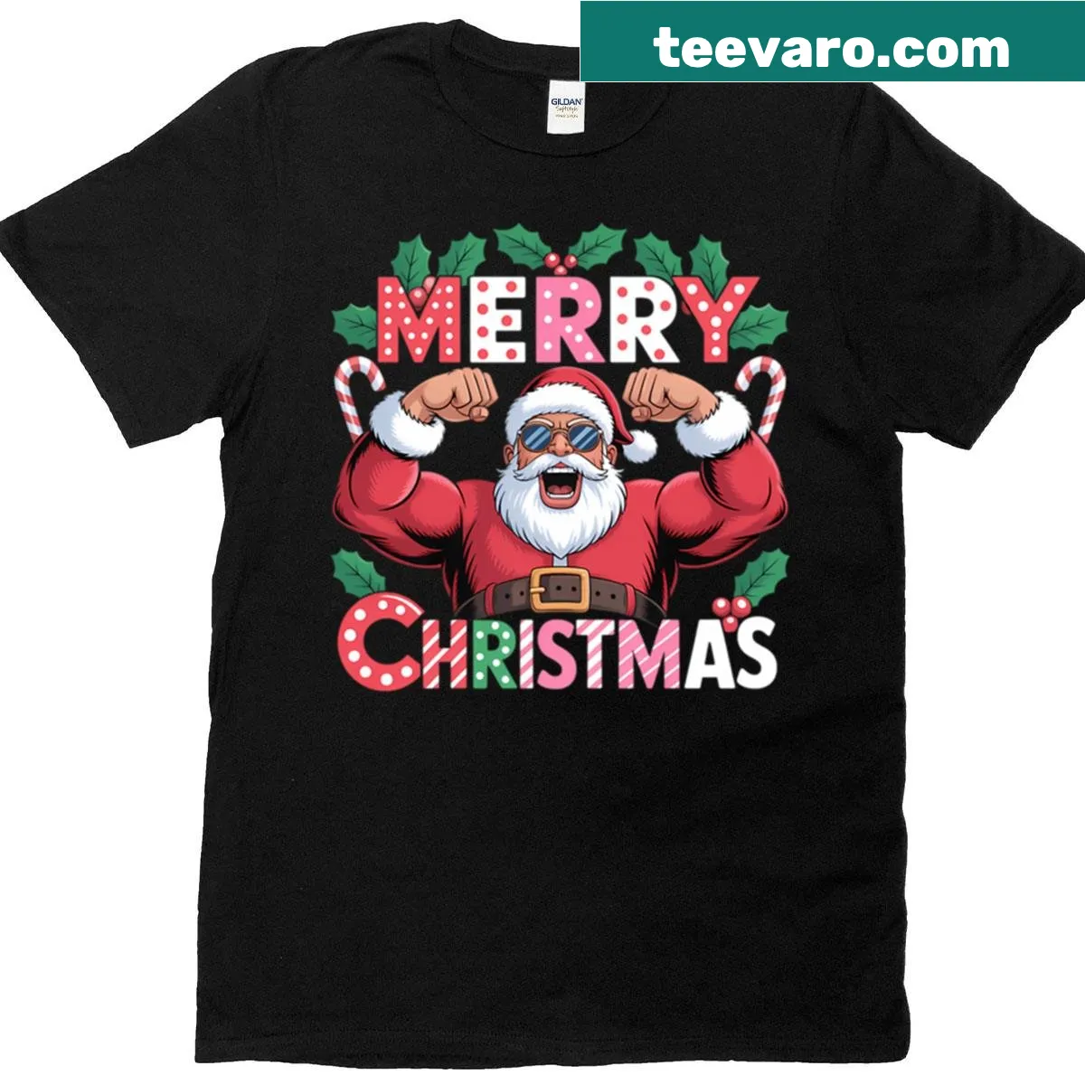 Christmas-themed T-shirt with 'Merry Merry Merry Christmas' text — on a men's t-shirt