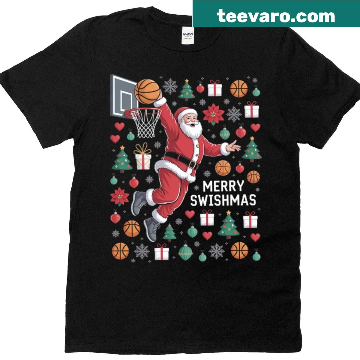 Cartoon Santa slam dunking on a Christmas-themed t-shirt. — on a men's t-shirt