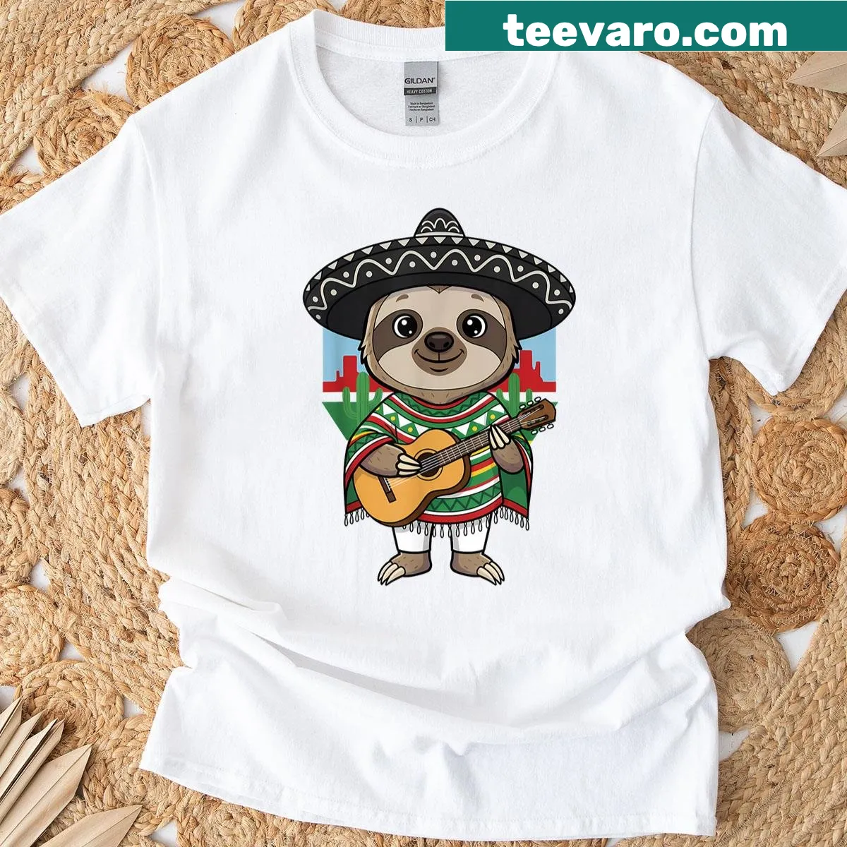 Illustration of a sloth in a sombrero playing guitar — on a men's t-shirt