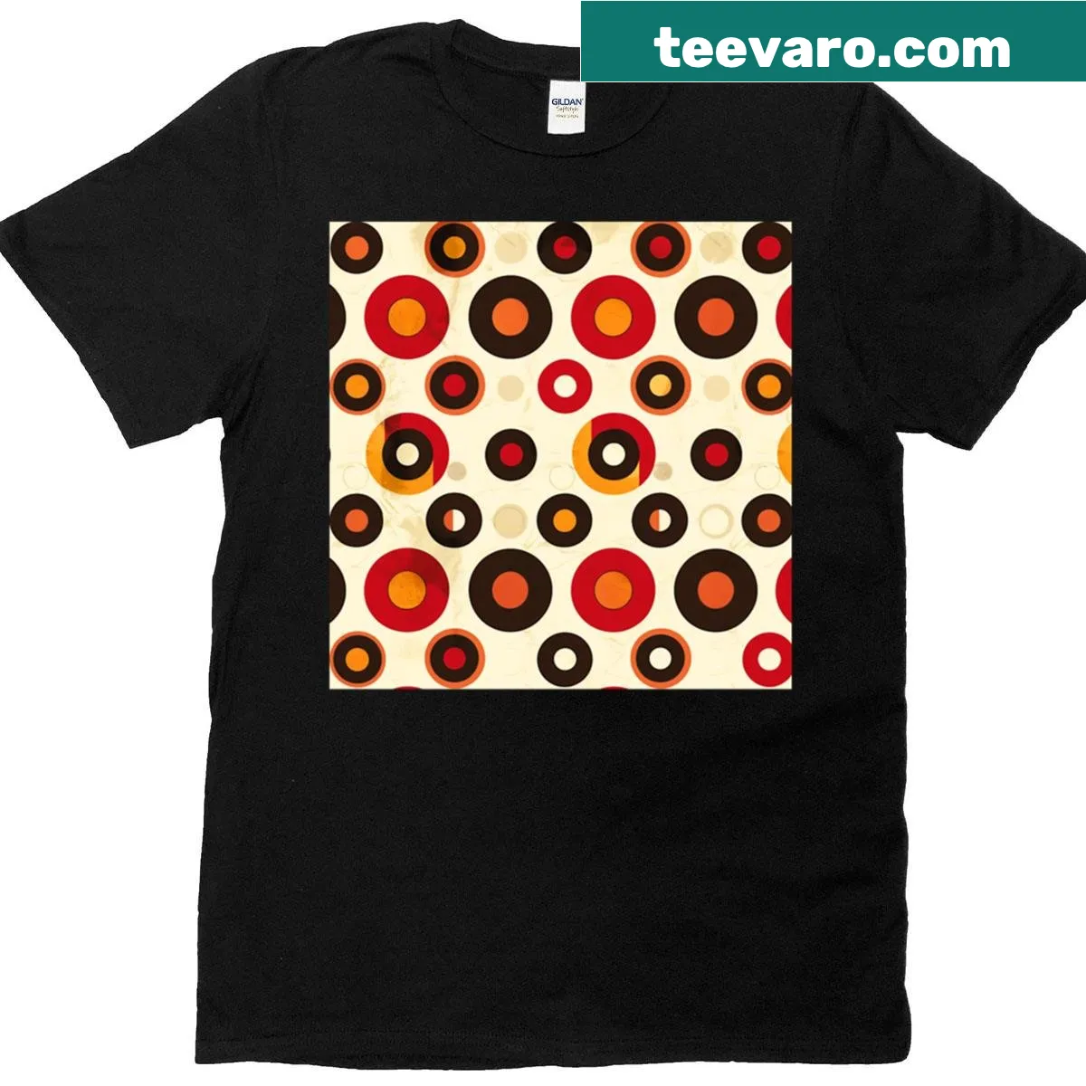Vintage distressed T-shirt with a mid-century modern circle pattern. — on a men's t-shirt