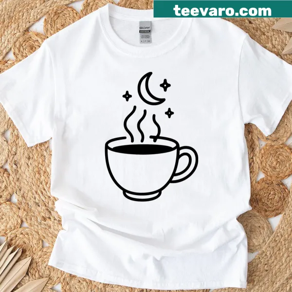 Minimalist line art t-shirt featuring a coffee cup, moon, and stars