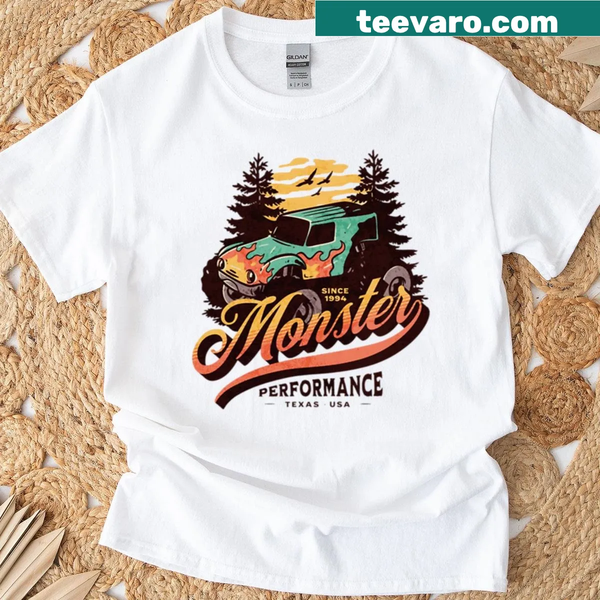 Cartoon monster truck graphic t-shirt inspired by Texas nature — on a men's t-shirt