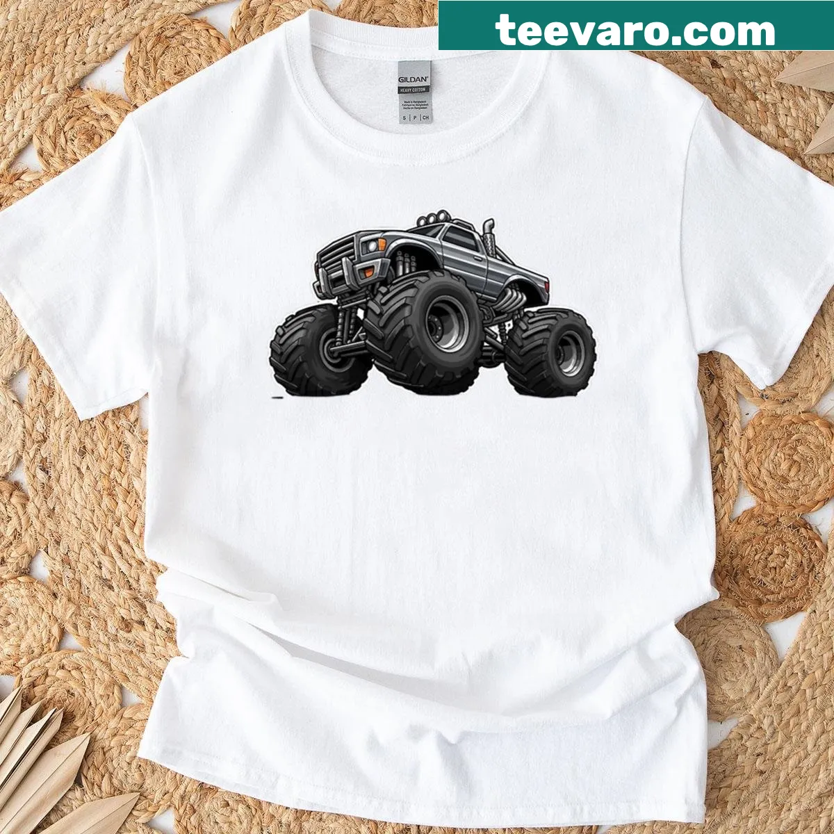 Bold monster truck graphic t-shirt depicting action and power — on a men's t-shirt