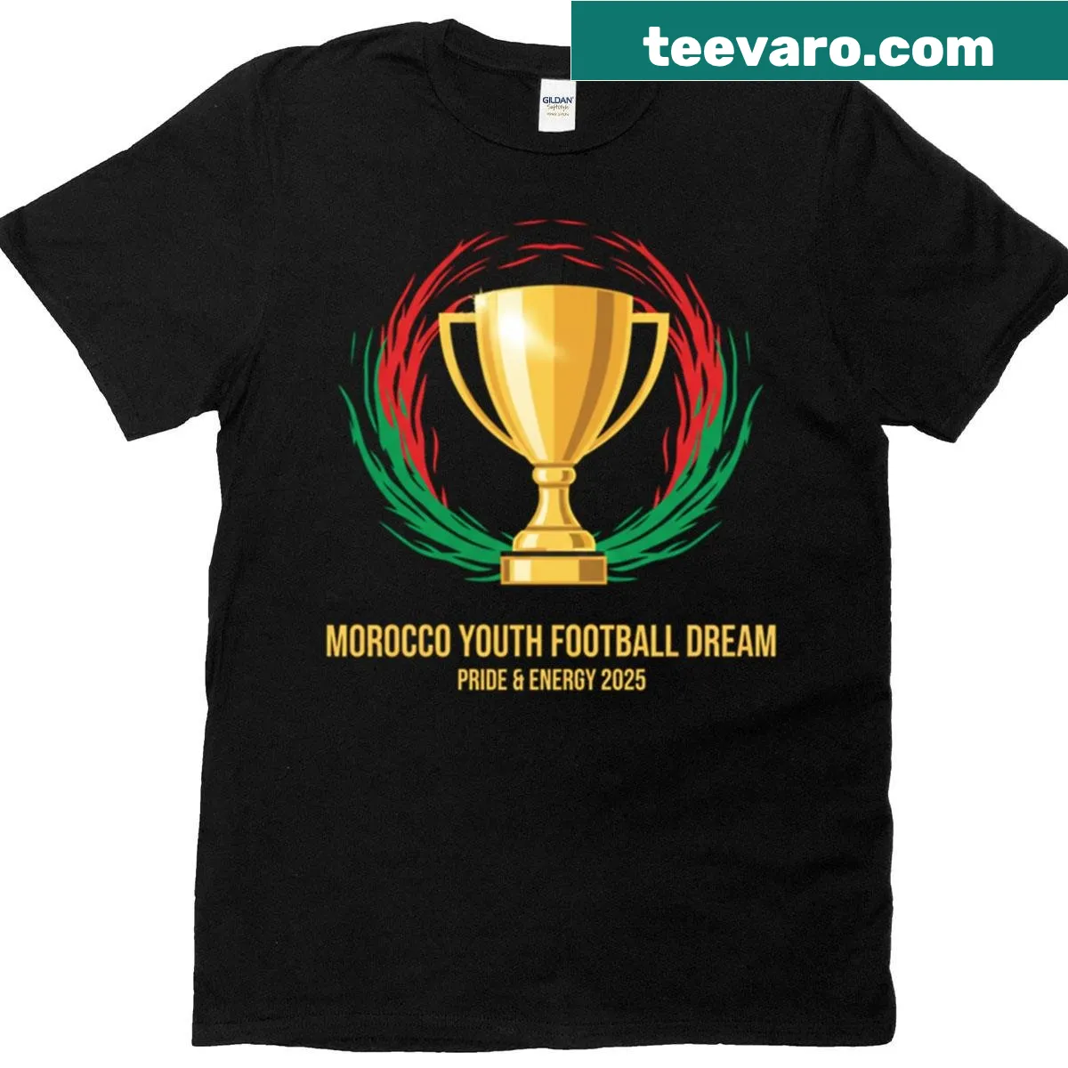 Illustrative T-shirt celebrating Moroccan youth soccer for U20 2025. — on a men's t-shirt