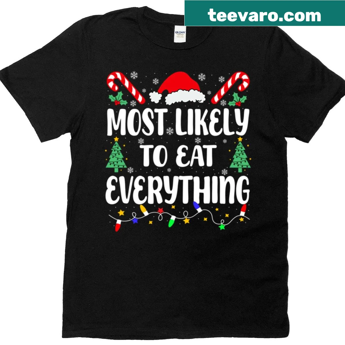 Funny t-shirt with the text 'Most Likely To Eat Everything' — on a men's t-shirt