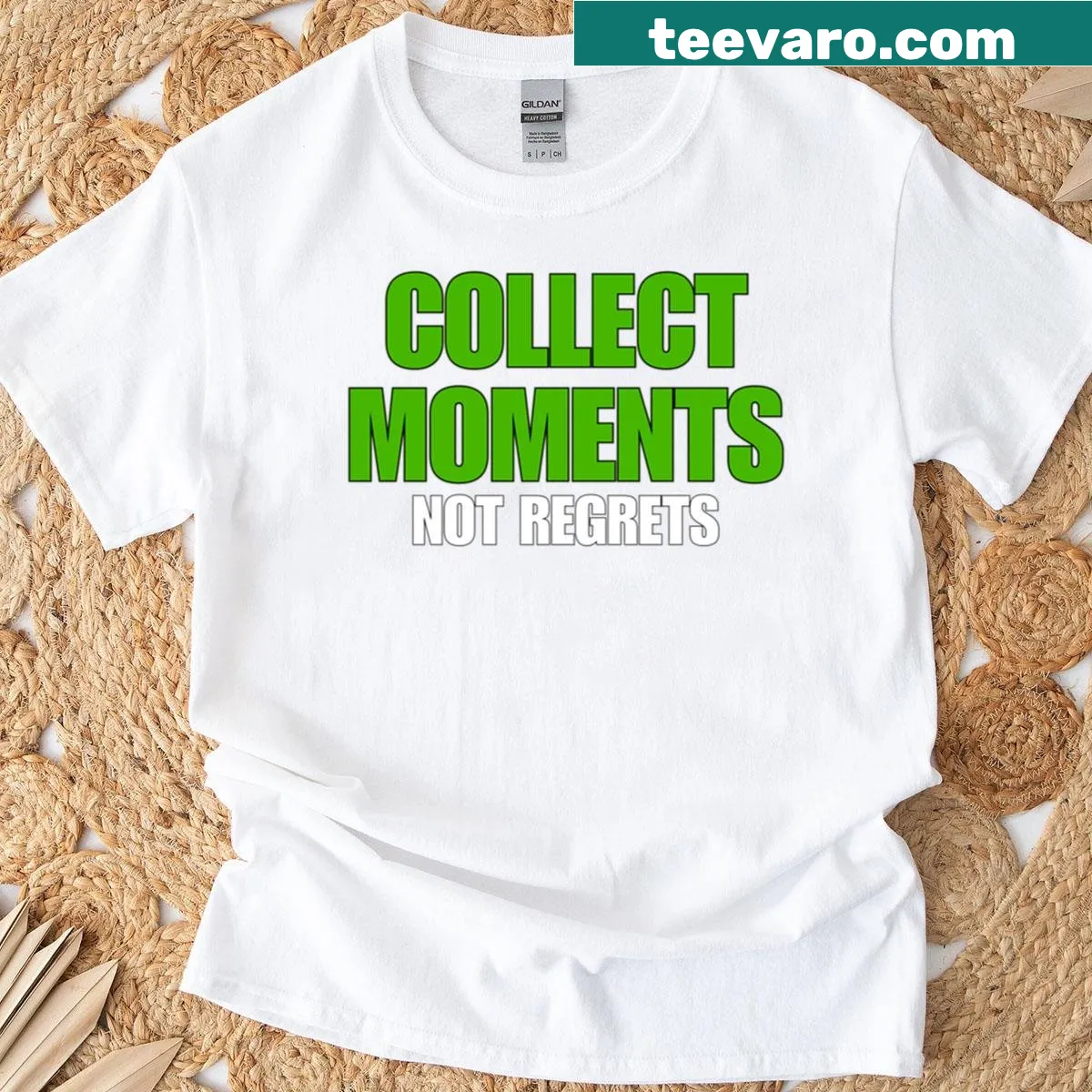 Motivational t-shirt with the phrase Collect Moments Not Regrets — on a men's t-shirt