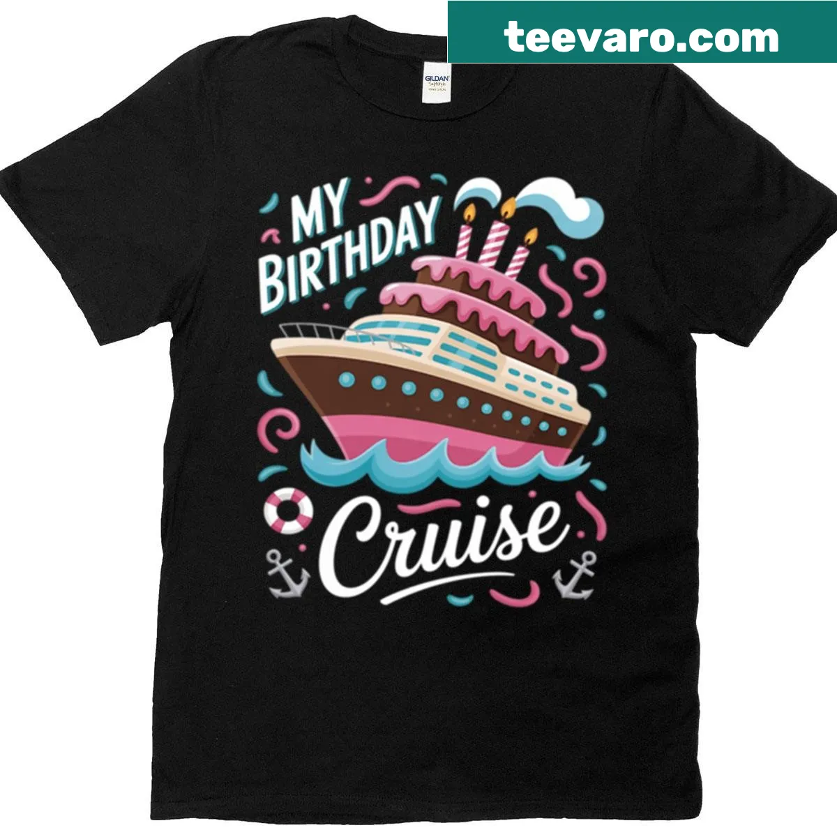 Whimsical cruise vacation birthday graphic T-shirt — on a men's t-shirt