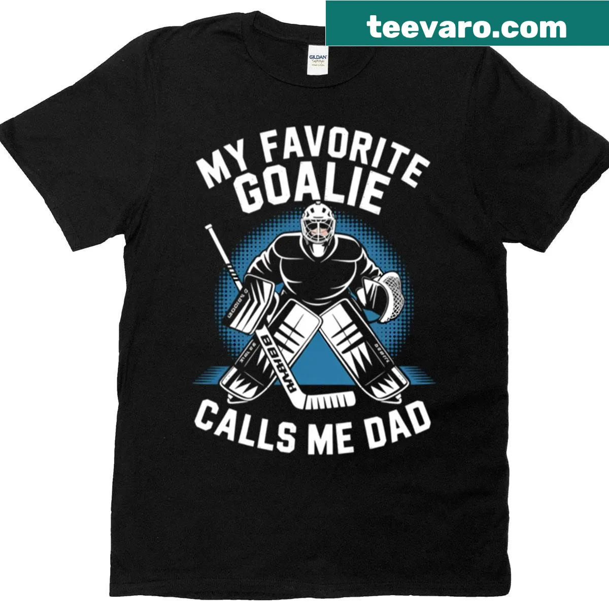 T-shirt for dads with a goalie child, hockey-themed — on a men's t-shirt