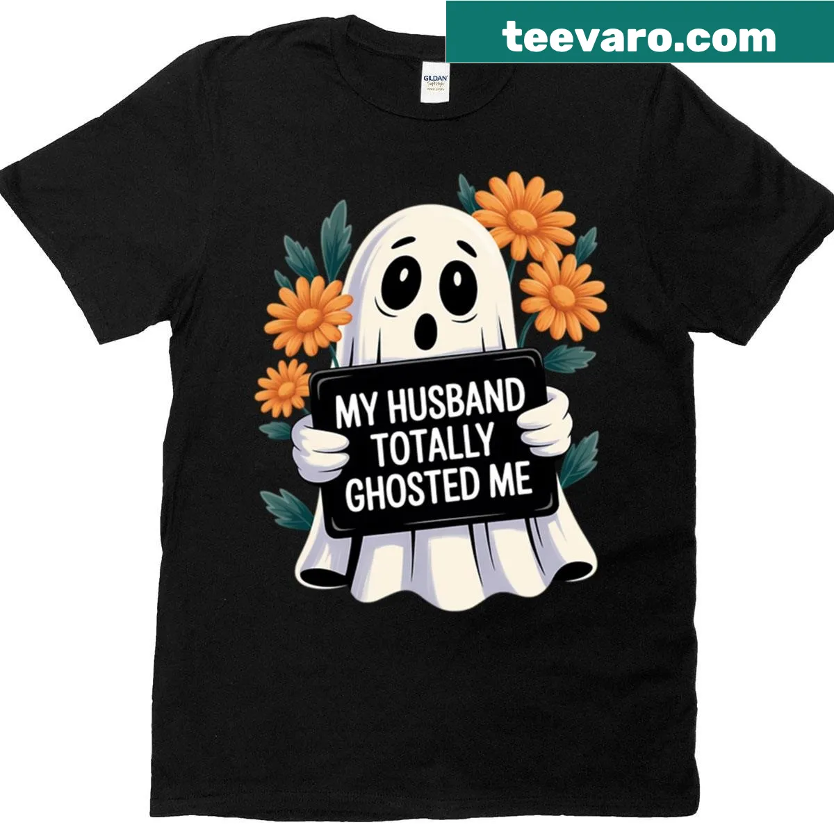 Funny Halloween shirt with text: My Husband Totally Ghosted Me — on a men's t-shirt