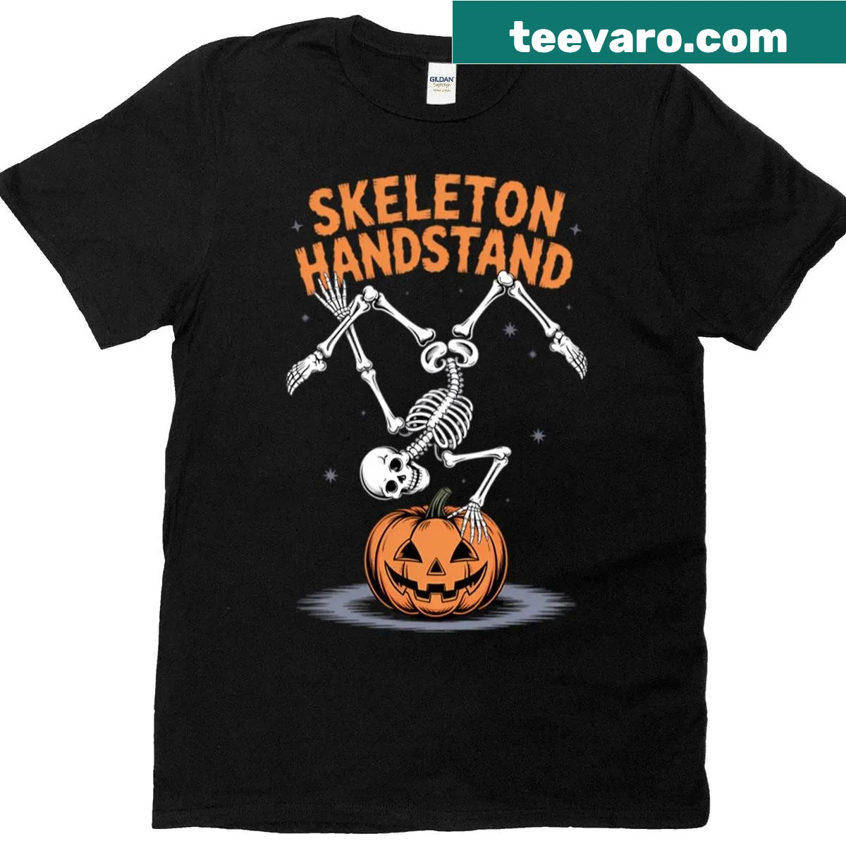 Skeleton practicing yoga with pumpkins, Halloween-themed T-shirt — on a men's t-shirt