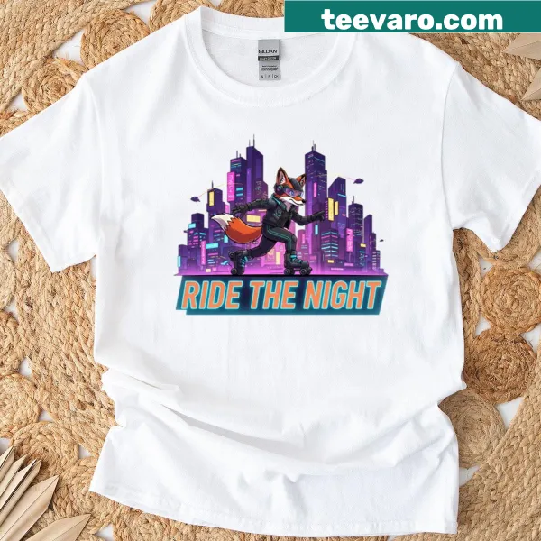 Cartoon skatefox illustration in a cyberpunk style on a T-shirt