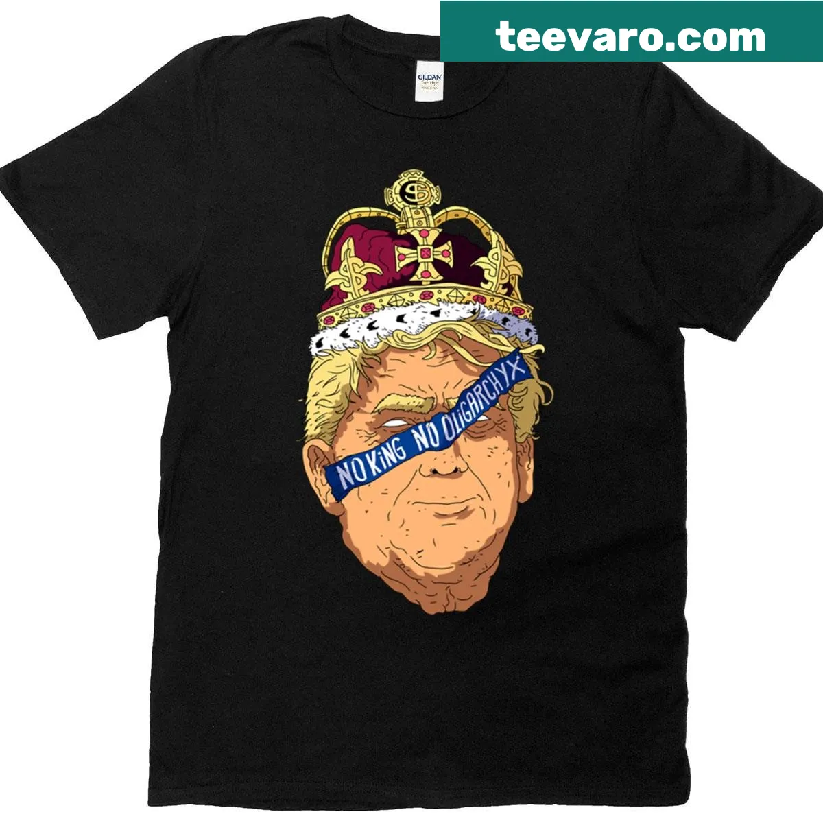 Typographic t-shirt with the phrase 'No King No Oligarchy' prominently displayed. — on a men's t-shirt