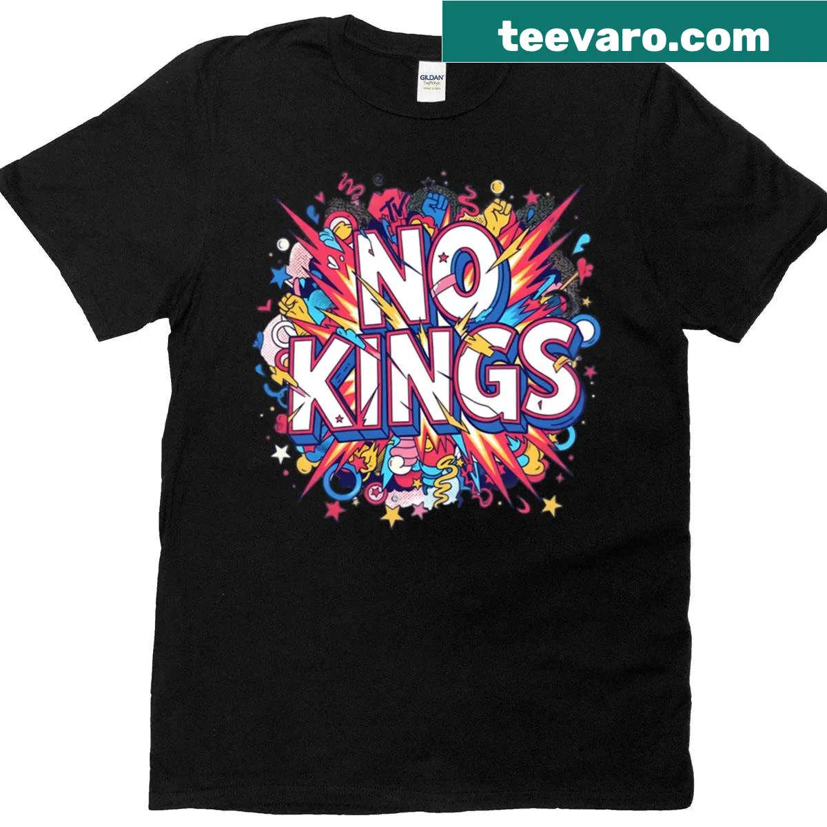 Bold typography art T-shirt with No Kings slogan — on a men's t-shirt