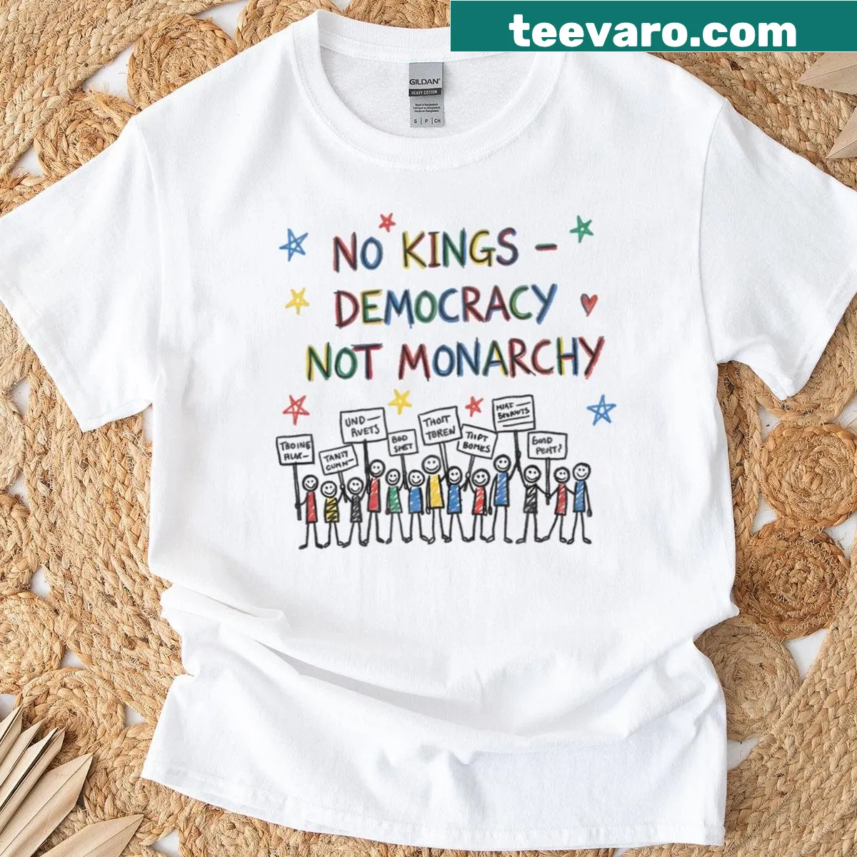 Chalk art-style T-shirt stating 'No Kings Equals Democracy' — on a men's t-shirt